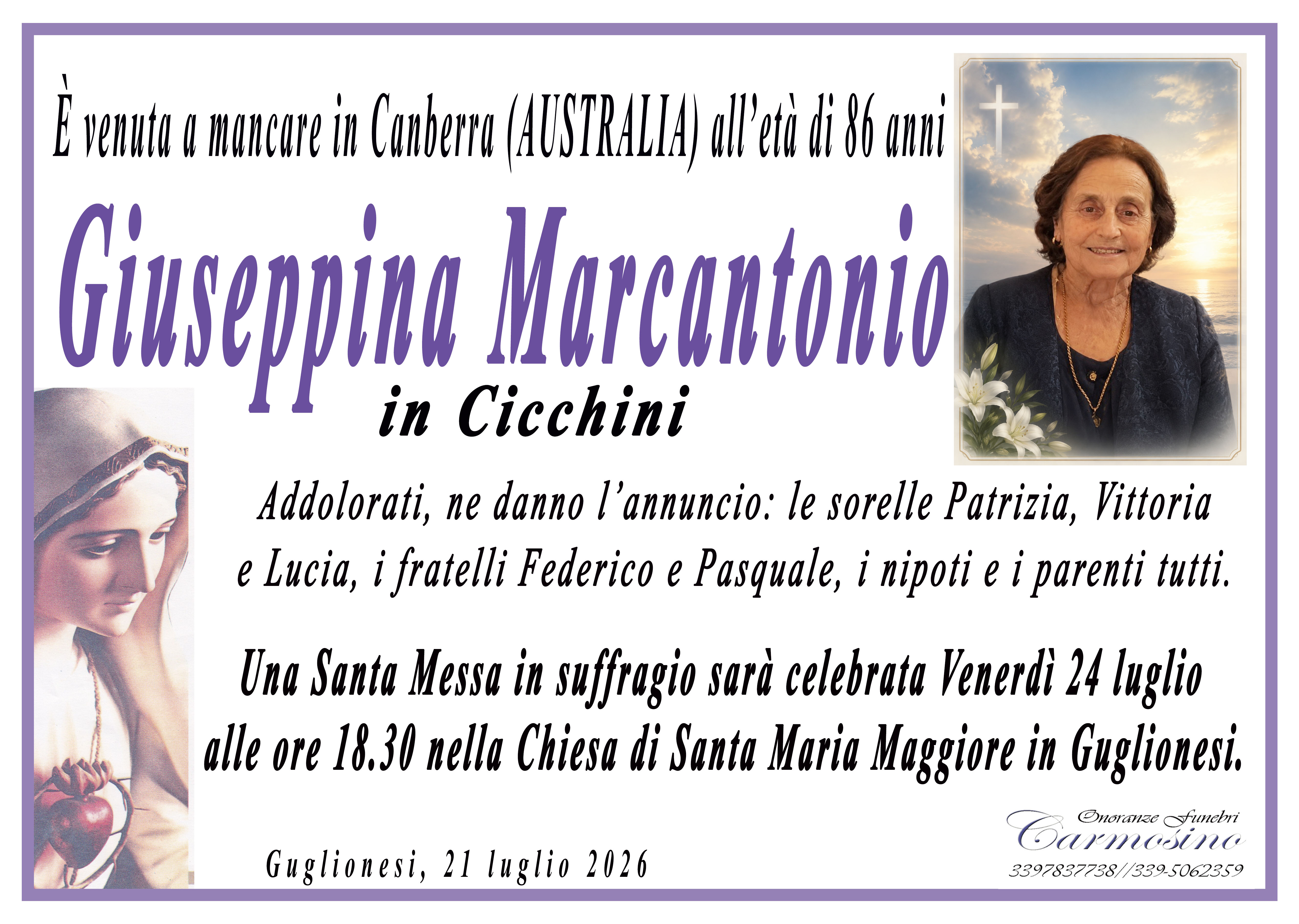 Necrologio Giuseppina Marcantonio in Cicchini
